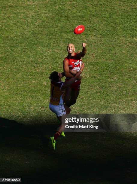 Jarrad McVeigh of the Swans competes for the ball during the round seven AFL match between the Sydney Swans and the Brisbane Lions at Sydney Cricket...