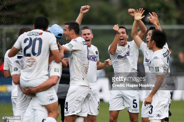 Auckland City players celebrate after winning the OFC Champions League Final match between Team Wellington and Auckland City at David Farrington Park...