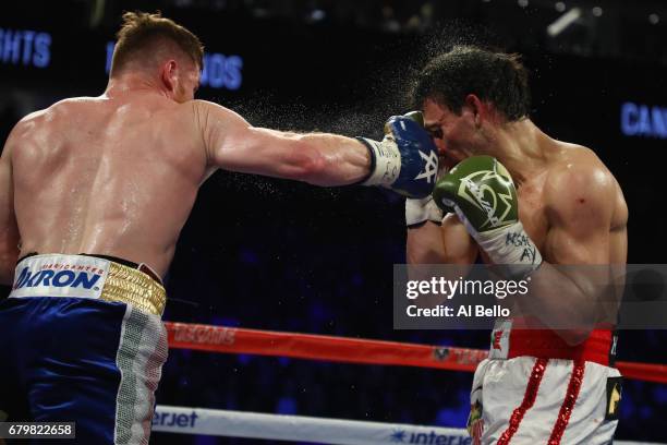 Canelo Alvarez punches Julio Cesar Chavez Jr. During their catchweight bout at T-Mobile Arena on May 6, 2017 in Las Vegas, Nevada.