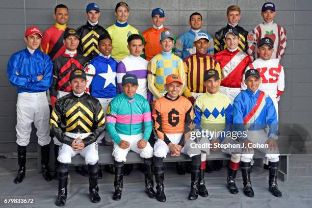 Jockeys of the 143rd Kentucky Derby pose at Churchill Downs on May 6, 2017 in Louisville, Kentucky.