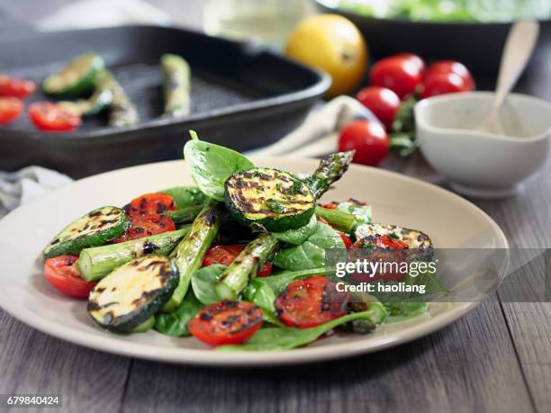 grilled asparagus,courgette and cherry tomatoes salad - grilled vegetables stock pictures, royalty-free photos & images