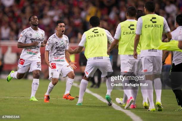 Christian Bermudez of Chiapas celebrates after scoring his team's first goal during the 17th round match between Atlas and Chiapas as part of the...