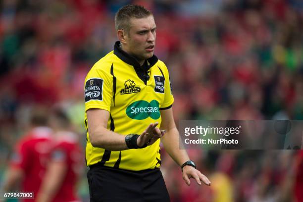 Referee David Wilkinson in action during the Guinness PRO12 rugby match between Munster Rugby and Connacht Rugby at Thomond Park Stadium in Limerick,...