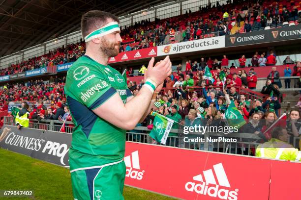 Andrew Browne of Connacht thanks his fans after the Guinness PRO12 rugby match between Munster Rugby and Connacht Rugby at Thomond Park Stadium in...