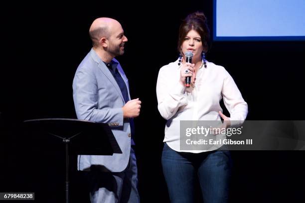 Paul Scheer and Casey Wilson speak onstage at the Wait Wait Don't Kill Me!-Benefit For Voice For The Animals at Royce Hall on May 6, 2017 in Los...