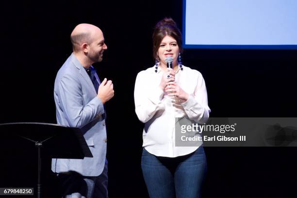 Paul Scheer and Casey Wilson speak onstage at the Wait Wait Don't Kill Me!-Benefit For Voice For The Animals at Royce Hall on May 6, 2017 in Los...