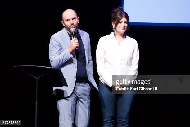 Paul Scheer and Casey Wilson speak onstage at the Wait Wait Don't Kill Me!-Benefit For Voice For The Animals at Royce Hall on May 6, 2017 in Los...