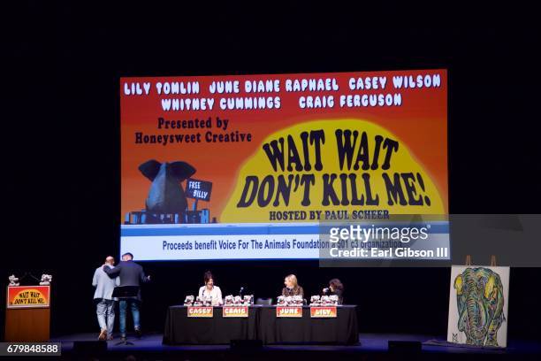 Panelist Host Paul Scheer, Casey Wilson, Craig Ferguson, June Diane Raphael and Lily Tomlin speak onstage at the Wait Wait Don't Kill Me!-Benefit For...