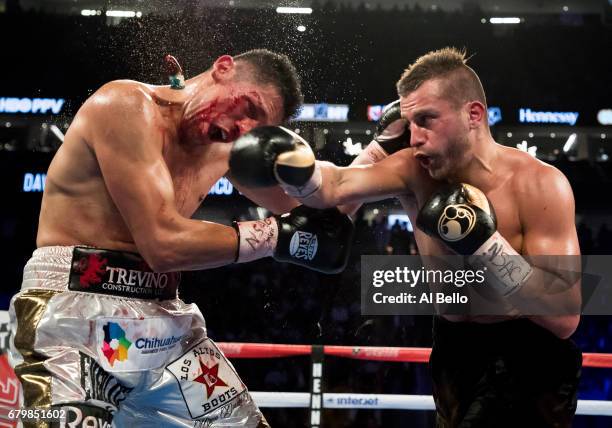 David Lemieux knocks the mouthpiece out of Marcos Reyes mouth during their middleweight bout at T-Mobile Arena on May 6, 2017 in Las Vegas, Nevada.