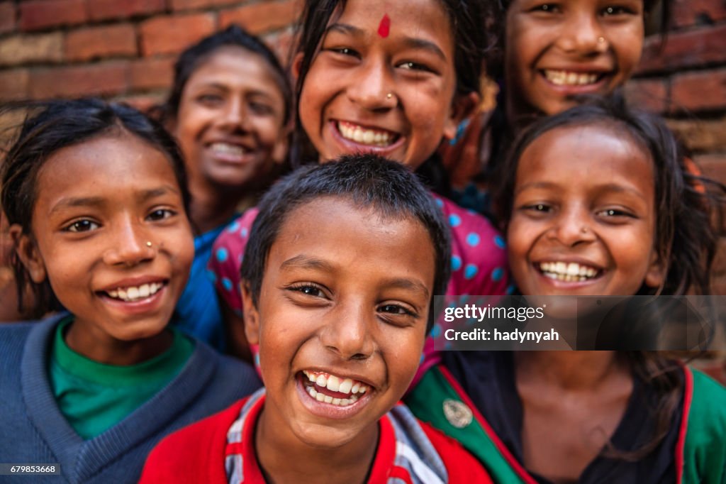 Group of happy Nepalese children in Bhaktapur, Kathmandu Valley