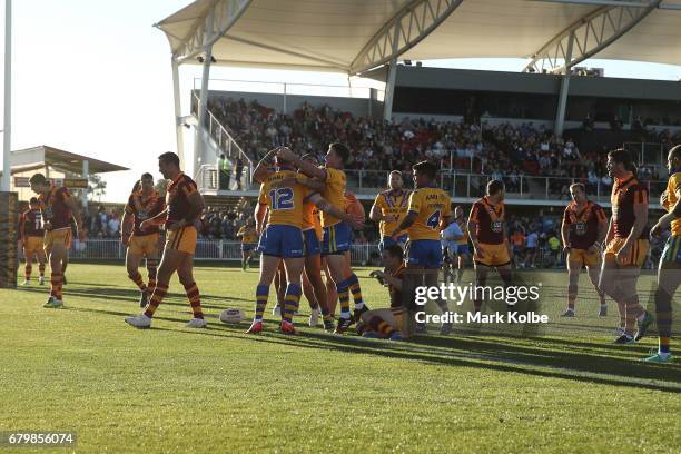 David Gower of City celebrates with his team mates after scoring a try during the 2017 City versus Country Origin match at Glen Willow Sports Ground...