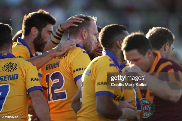 David Gower of City celebrates with his team mates after scoring a try during the 2017 City versus Country Origin match at Glen Willow Sports Ground...