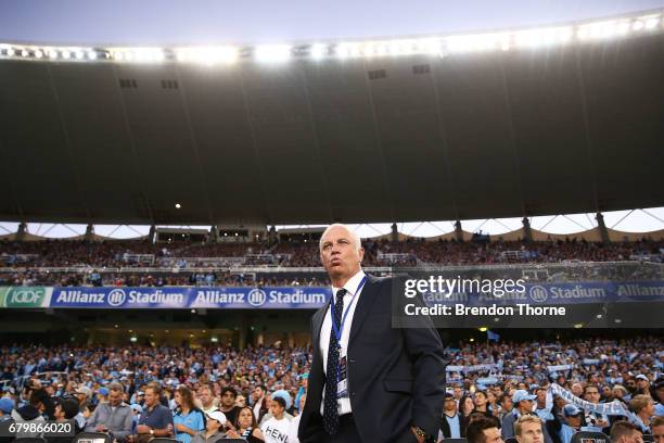 Sydney FC coach, Graham Arnold looks on during the 2017 A-League Grand Final match between Sydney FC and the Melbourne Victory at Allianz Stadium on...