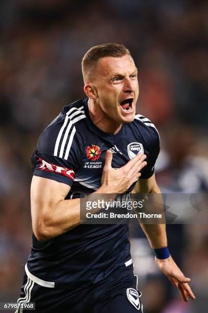 Besart Berisha of the Victory celebrates after scoring a goal during the 2017 A-League Grand Final match between Sydney FC and the Melbourne Victory...