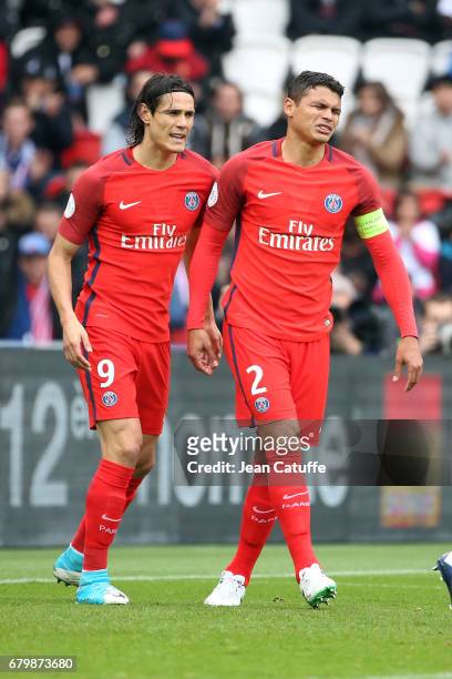 Edinson Cavani and Thiago Silva of PSG during the French Ligue 1 match between Paris Saint-Germain and SC Bastia at Parc des Princes stadium on May...