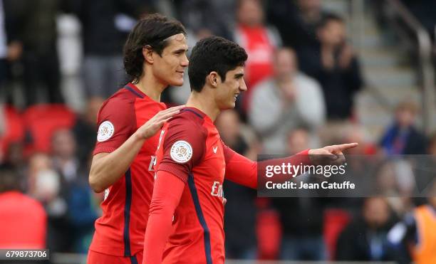 Edinson Cavani and Goncalo Guedes of PSG during the French Ligue 1 match between Paris Saint-Germain and SC Bastia at Parc des Princes stadium on May...