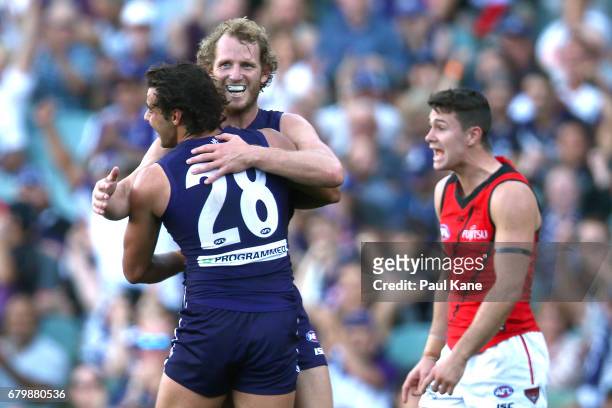 David Mundy of the Dockers celebrates a goal with Brady Grey during the round seven AFL match between the Fremantle Dockers and the Essendon Bombers...