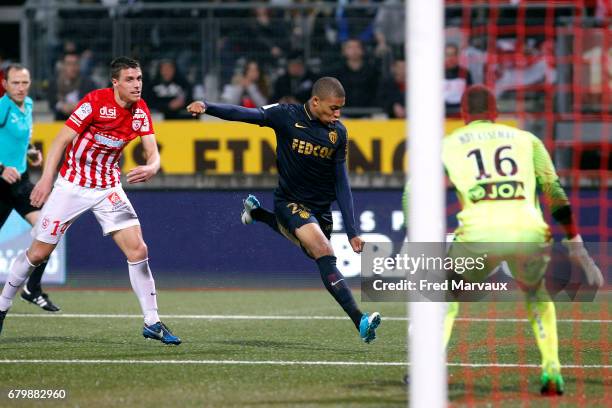 Joffrey Cuffaut of Nancy and Kylian Mbappe Lottin of Monaco during the Ligue 1 match between As Nancy Lorraine and As Monaco at Stade Marcel Picot on...