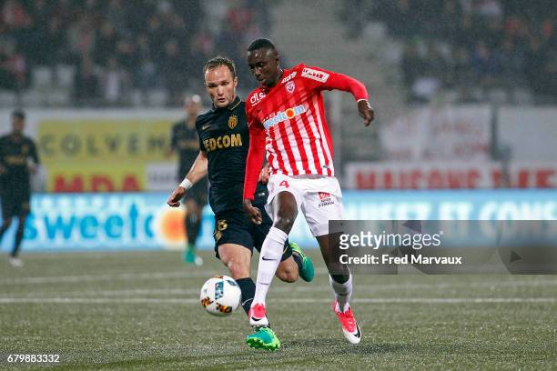 Valere Germain of Monaco and Modou Diagne of Nancy during the Ligue 1 match between As Nancy Lorraine and As Monaco at Stade Marcel Picot on May 6,...