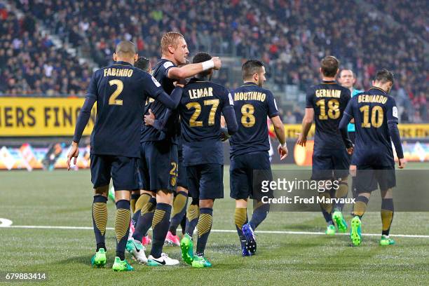 Players of Monaco celebrate during the Ligue 1 match between As Nancy Lorraine and As Monaco at Stade Marcel Picot on May 6, 2017 in Nancy, France.