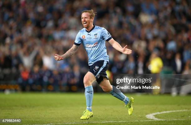 David Carney of Sydney FC celebrates scoring a goal during the 2017 A-League Grand Final match between Sydney FC and the Melbourne Victory at Allianz...