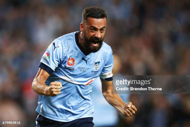 Alex Brosque of Sydney celebrates after team mate Rhyan Grant scores a goal during the 2017 A-League Grand Final match between Sydney FC and the...