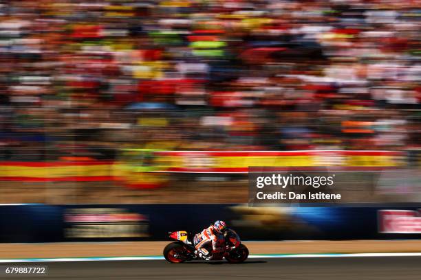 Dani Pedrosa of Spain and the Repsol Honda Team rides during warm-up for the MotoGP of Spain at Circuito de Jerez on May 7, 2017 in Jerez de la...