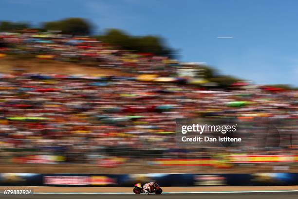 Dani Pedrosa of Spain and the Repsol Honda Team rides during warm-up for the MotoGP of Spain at Circuito de Jerez on May 7, 2017 in Jerez de la...