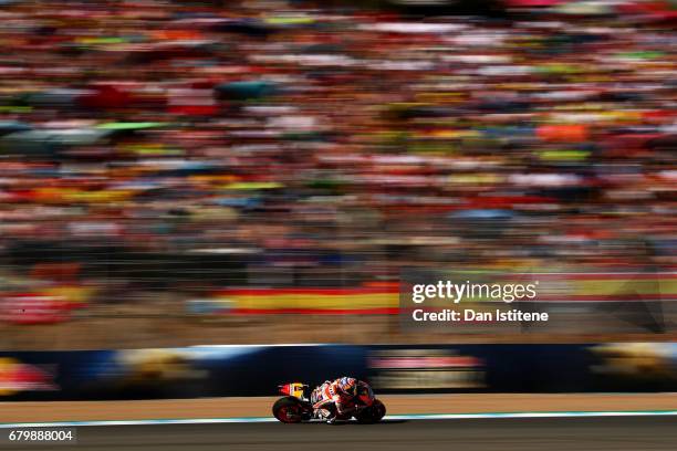 Dani Pedrosa of Spain and the Repsol Honda Team rides during warm-up for the MotoGP of Spain at Circuito de Jerez on May 7, 2017 in Jerez de la...