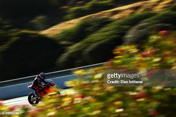 Miguel Oliveira of Portugal and Red Bull KTM Ajo rides during warm-up for Moto2 at Circuito de Jerez on May 7, 2017 in Jerez de la Frontera, Spain.