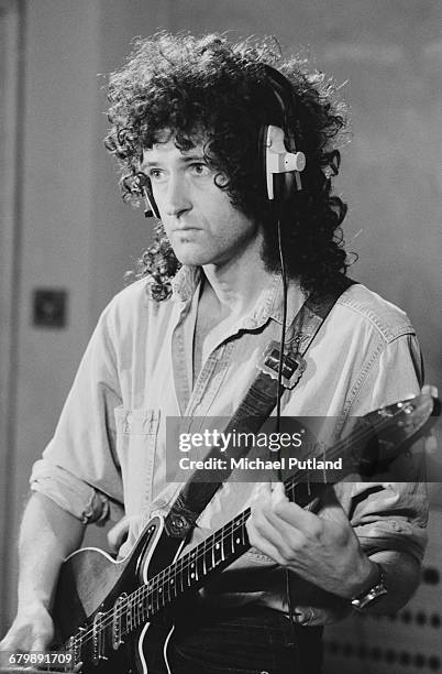 English guitarist Brian May of Queen, recording for the Armenian earthquake appeal 'Rock Aid Armenia', at the Metropolis Studios in Chiswick, London,...