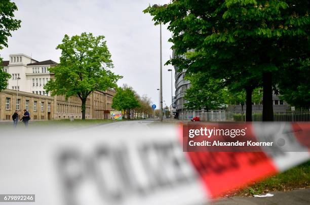 Barrier tape indicates a closed road as part of the evacuation of 50,000 people on May 7, 2017 in Hanover, Germany. Bomb disposal experts will check...