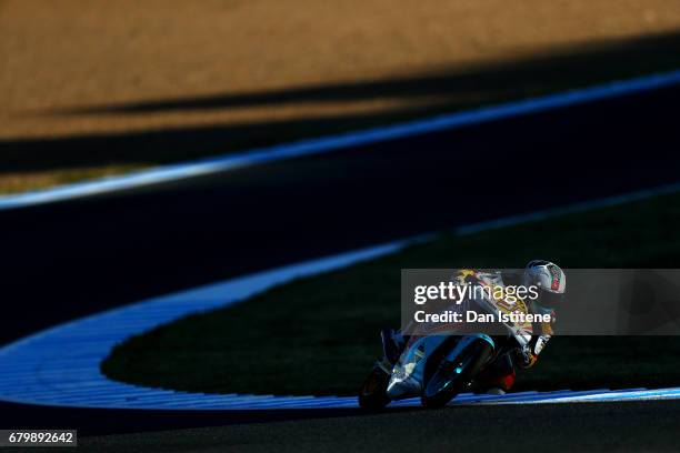 Juanfran Guevara of Spain and the RBA BOE Racing Team rides during warm-up for Moto3 at Circuito de Jerez on May 7, 2017 in Jerez de la Frontera,...