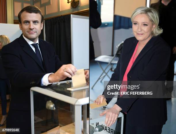 This combination of pictures created on May 07, 2017 shows French presidential election candidate for the En Marche ! movement Emmanuel Macron...