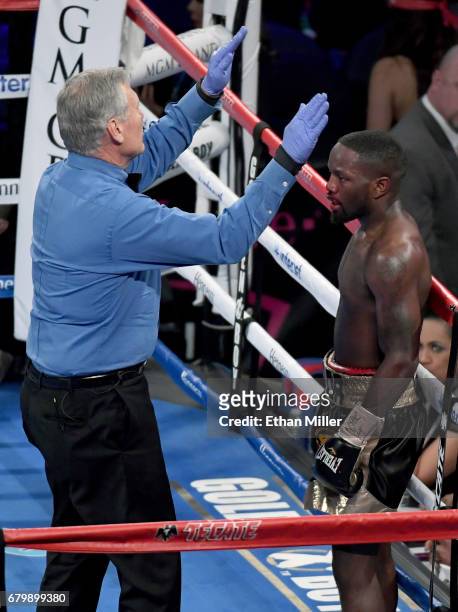 Emmanuel Taylor reacts as referee Jay Nady stops his welterweight fight against Lucas Matthysse in the fifth round at T-Mobile Arena on May 6, 2017...