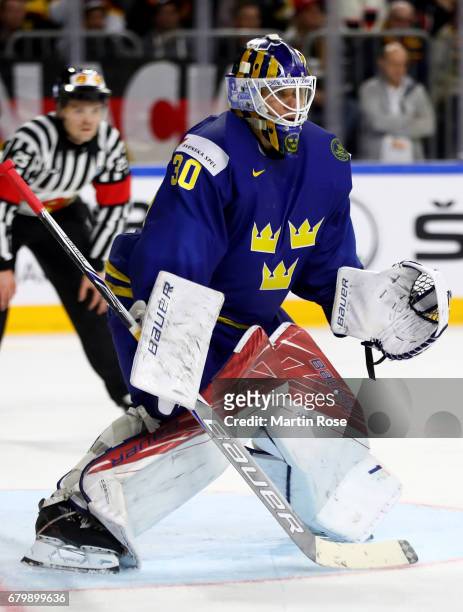 Viktor Fasth, goaltender of Sweden tends net during the 2017 IIHF Ice Hockey World Championship game between Germany and Sweden at Lanxess Arena on...