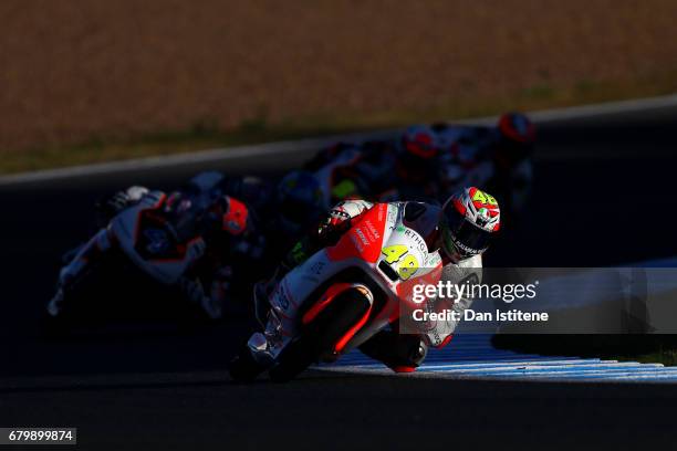 Lorenzo Dalla Porta of Italy and Aspar Mahindra Moto3 rides during warm-up for Moto3 at Circuito de Jerez on May 7, 2017 in Jerez de la Frontera,...