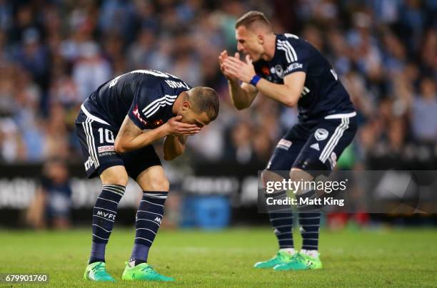 James Troisi and Besart Berisha of Melbourne Victory react after a missed opportunity on goal during the 2017 A-League Grand Final match between...