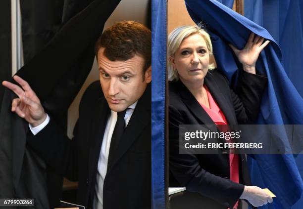 This combination of pictures created on May 7, 2017 shows French presidential election candidate for the En Marche ! movement Emmanuel Macron exiting...