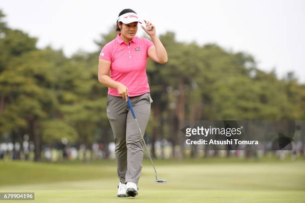 Fumika Kawagishi of Japan reacts during the final round of the World Ladies Championship Salonpas Cup at the Ibaraki Golf Club on May 7, 2017 in...