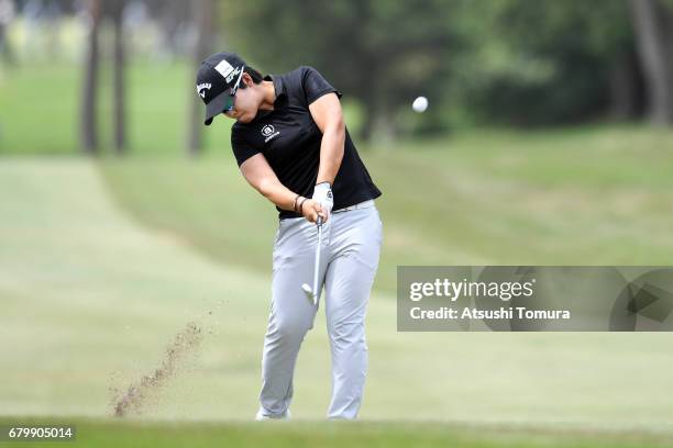 Asuka Kashiwabara of Japan hits her second shot on the 7th hole during the final round of the World Ladies Championship Salonpas Cup at the Ibaraki...