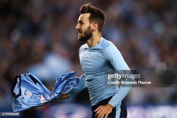 Milos Ninkovic of Sydney celebrates after scoring the winning penalty during the 2017 A-League Grand Final match between Sydney FC and the Melbourne...