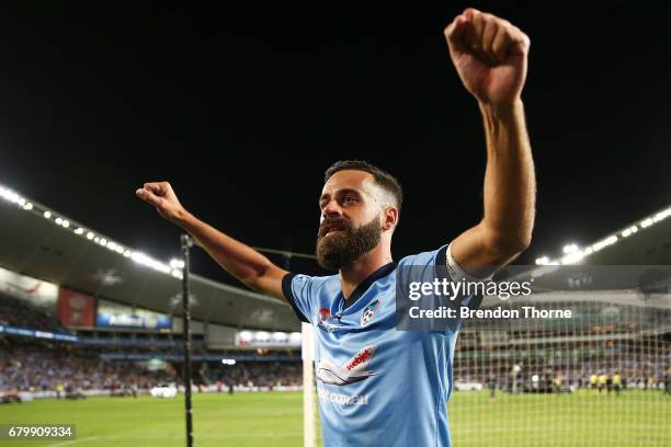 Alex Brosque of Sydney celebrates at full time after Sydney FC win a penalty shoot out during the 2017 A-League Grand Final match between Sydney FC...