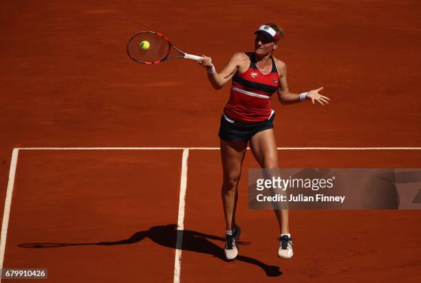 Timea Babos of Hungary in action in her match against Angelique Kerber of Germany during day two of the Mutua Madrid Open tennis at La Caja Magica on...