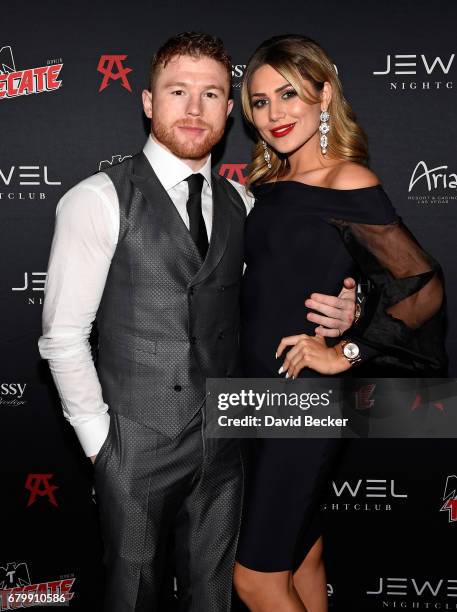 Boxer Canelo Alvarez and Fernanda Gomez arrive at his after-fight party at Jewel Nightclub at the Aria Resort & Casino on May 6, 2017 in Las Vegas,...