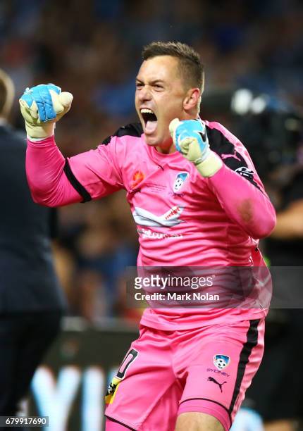 Danny Vukovic of Sydney FC celebrates winning during the 2017 A-League Grand Final match between Sydney FC and the Melbourne Victory at Allianz...