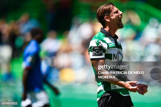 Sporting's midfielder Adrien Silva shouts after missing a goal opportunity during the Portuguese league football match Sporting CP vs OS Belenenses...