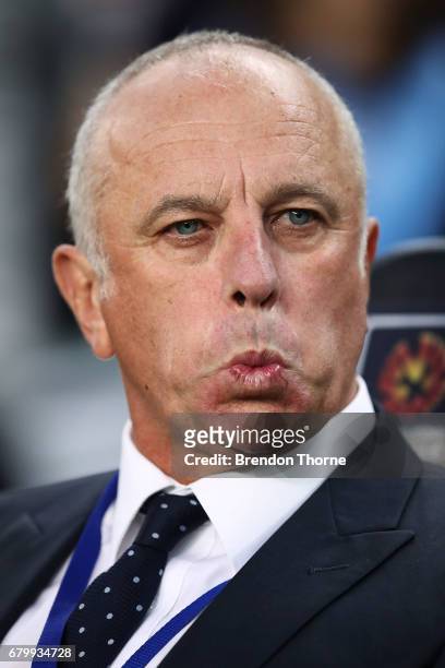 Sydney FC coach, Graham Arnold looks on during the 2017 A-League Grand Final match between Sydney FC and the Melbourne Victory at Allianz Stadium on...