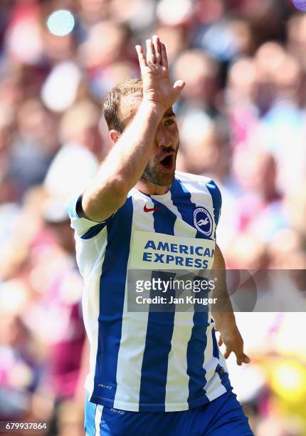 Glenn Murray of Brighton and Hove Albion celebrates scoring his sides first goal during the Sky Bet Championship match between Aston Villa and...