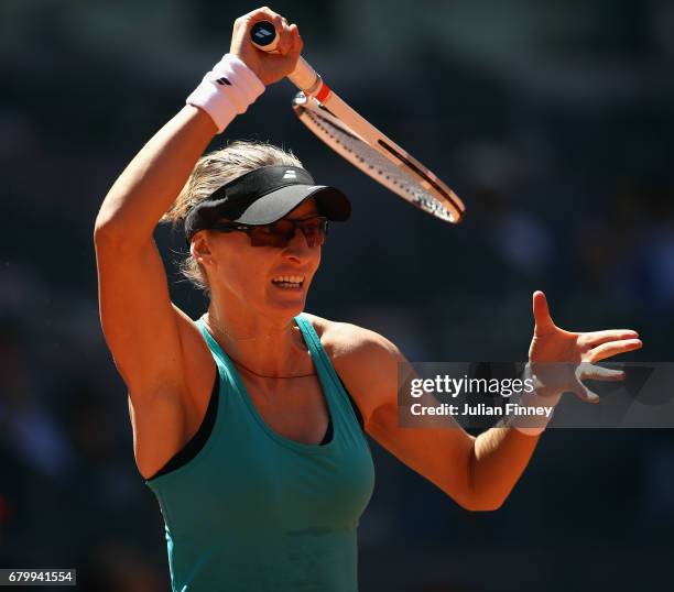 Mirjana Lucic-Baroni of Croatia in action against Maria Sharapova of Russia during day two of the Mutua Madrid Open tennis at La Caja Magica on May...